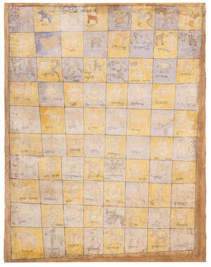 
	
		A printed game on cloth, Rajasthan, India, 19th century or earlier, cloth laid on board,...