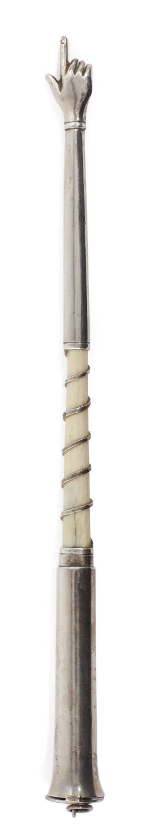 
	
		A silver Torah pointer, yad, London c.1919, maker's mark rubbed, the ivory central...