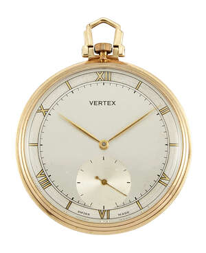 
	
		A 9ct gold open-face dress pocket watch, by Vertex,  the silvered dial with Roman gilt...