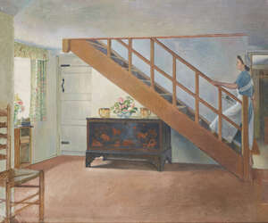 
	
		Attributed to Charles H H Burleigh, British 1875-1956- Lady walking up a stairway in an...