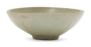 
	
		A Chinese grey stoneware Longquan celadon bowl, Song dynasty, covered in an olive-green...