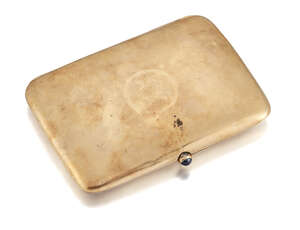 An early 20th century gold cigarette case, of rounded rectangular form with cabochon sapphire push-piece, the front with engraved initials AK, the interior wit