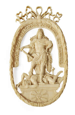 
	
		A French relief-carved ivory of Louis XIV, follower of David Le Marchand, late 17th/early...