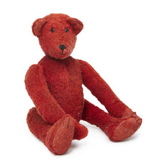 
	
		A red coloured plush teddy bear, in the Steiff style, with elongated arms and legs, 37cm...