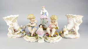 
	
		A pair of French bisque porcelain cornucopia vases, late 19th/early 20th century,...