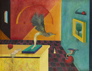 
	
		David Grice, 
		British b.1946- 
		 
		Surrealist painting, 1970; 
		 
		oil on board,...