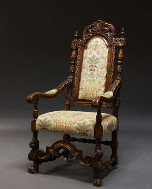 
	
		A 17th Century style walnut high back chair, late 19th, early 20th Century, the pierced...