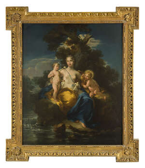 Follower of Antoine Coypel, 
		French 1661-1722- 
		 
		Latona and her Children, Apollo and Diana, beneath an old tree in a moonlit river landscape; 
		 