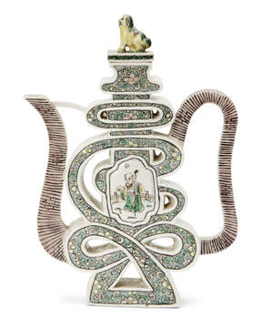 
	
		A Chinese porcelain shou character ewer, Kangxi period, moulded and pierced to form a 