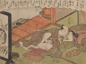 
	
		Isoda Koryusai, Japanese 1735-1790, amorous couple beside an ornate screen, c. 1770s, 