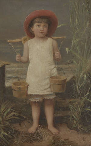 
	
		British School, 
		late 19th century- 
		 
		Girl by the seaside with two wooden...