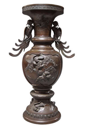 A Japanese bronze three section vase, late 19th/early 20th century, with two ho-o form handles,...
