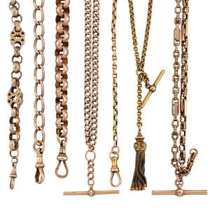 A group of late 19th/early 20th century gold watch chains, including a fancy link 9ct chain with two clip terminals, a 9ct gold twisted curb chain, a  9ct gold