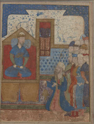 
	
		A plaintiff before a ruler,  Timurid Iran, mid-15th century, gouache heightened with gold...