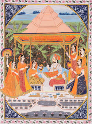 
	
		A ruler and courtesans, Jodhpur school, India, circa 1900, opaque pigments and gold on...