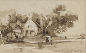 
	
		Charles Smith Varley, 
		British 1811-1888- 
		 
		Boatman by a river shore with a...