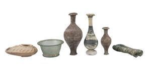 
	
		Two pieces of Roman glass, 3rd-4th century, comprising a bowl with everted rim, 9cm...
