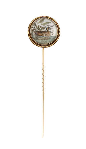 A late 19th century gold, reverse-painted crystal intaglio stickpin, the circular domed rock crystal painted to depict a duck swimming beside a reed bank, circ