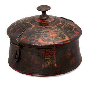 
	
		A painted and lacquered wood vessel, North India, late 18th century, of circular form,...