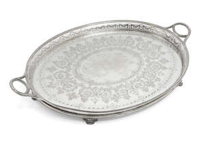 
	
		A large silver plated drinks tray, by Martin Hall & Co., of oval form with six zoomorphic...