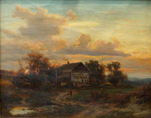 
	
		Alois Kirnig, 
		Czech 1840-1911- 
		 
		Figures homeward bound at sunset; 
		 
		