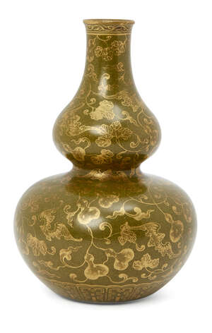 
	
		A Chinese porcelain teadust glazed double-gourd vase, Qianlong mark but later, painted in...