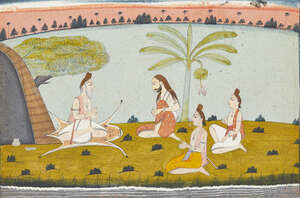 
	
		A Sadhu and saints, Rajasthan, India, circa 1760, opaque pigments heightened with gilt on...