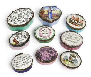 
	
		A group of nine Staffordshire enamel patch boxes, late 18th-20th century, all with...