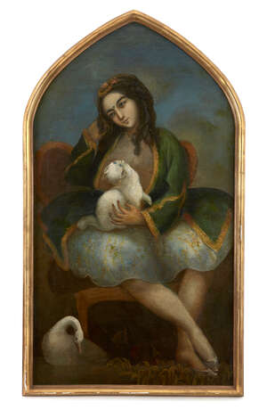 
	
		A Qajar portrait of a lady with cat, Iran, circa 1850, in an arched frame, 145cm. high x...
