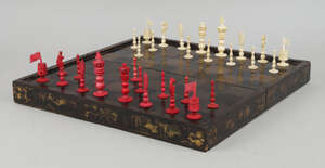 
	
		A Canton or Chinese Export 'Burmese pattern'  ivory and red stained ivory chess set,...
