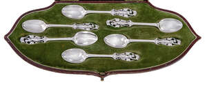 
	
		William Comyns & Sons, a set of six Art Nouveau silver  spoons in original shaped and...