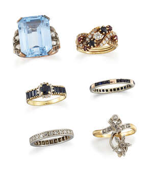 
	
		Six rings, comprising: a diamond, sapphire and ruby half-hoop, the central five stone...