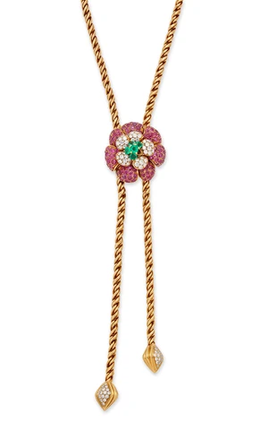 A diamond and gem-set necklace, composed of a ruby, emerald and diamond set floral slide, to a...