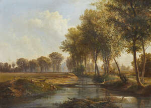
	
		François Ferrière, 
		Swiss 1752-1839- 
		A river landscape with a bridge, figures and...