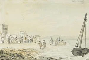 
	
		John Nixon, 
		British c.1750-1818- 
		Selling fish on the beach at Worthing; Off to...