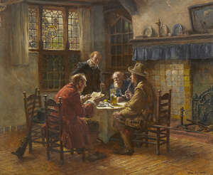 
	
		Max Gaisser, 
		 
		German 1857-1922- 
		 
		A Dutch interior with men at the table;...