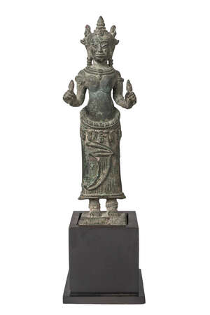 
	
		A Khmer Bayon style bronze figure, 13th century, depicting Prajnaparamita standing,...