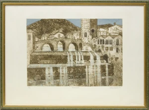 Valerie Thornton RE,&nbsp;British 1931-1992,&nbsp;Colchester Glass, 1980; Hill Village, Navarre, 1977; Fermignano,...