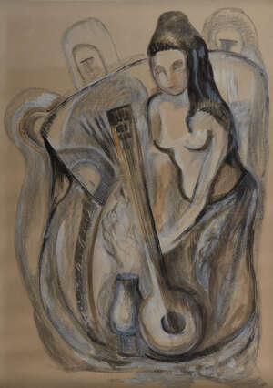 
	
		Modern Indian School, Untitled, Lady with sitar, pastel on paper, signed "F.M ... 1965"...