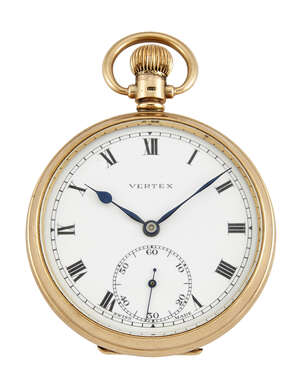 
	
		A 9ct gold open-face pocket watch, by Vertex, the white enamel dial with Roman numerals,...
