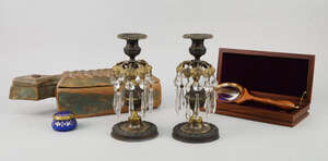 
	
		A pair of Regency pressed metal and lustre hung candlesticks, 21cm high, together with a...