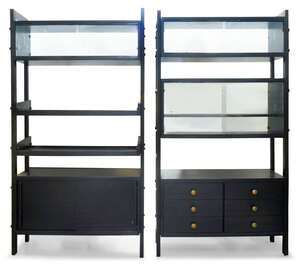 RTO ItalianTwo ebonised cabinets with shelves, circa 1990Ebonised wood, glass, brassEach 175cm...