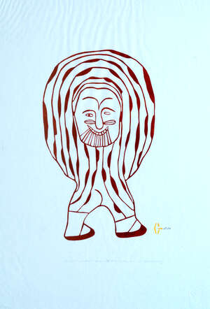 Irene Avaalaaqiaq Tiktaalaaq,
		Canadian b.1941- 
		The Tired Tatooed Lady; 
		linocut, signed, titled, dated 1979 and numbered 1/50 in pencil on Japan pape