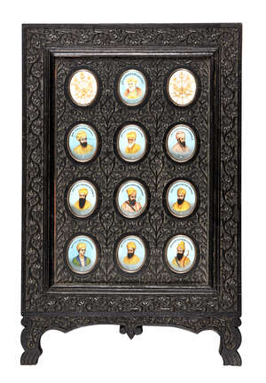 
	
		A group of ten Sikh portraits on ivory of Sikh Gurus and two of regimental Sikh banners...