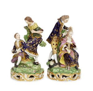 
	
		Two Derby porcelain figure groups of courting couples, late 18th/early 19th century, one...