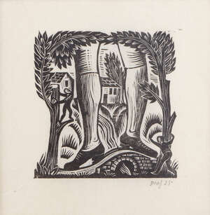 David Jones CH CBE, 
		British 1895-1974- 
		 
		Gulliver on Bridge, 1925;
		 
		woodcut, signed and dated in pencil, plate 6 x 6cm (framed)(ARR)
		 