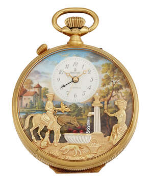 A gold plated musical automaton and alarm pocket watch, by Charles Reuge, the eccentric white enamel dial with Roman numerals, sweep centre seconds, blued stee