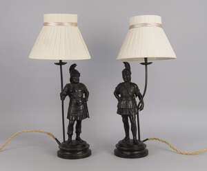 
	
		A pair of electrotype figures of Roman soldiers, late 19th/early 20th century, mounted on...