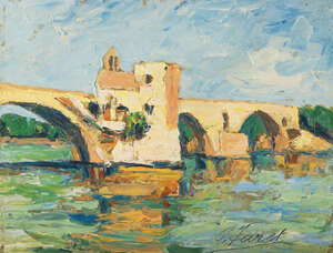 
	
		Pierre Varet, French, 1870-1939- The Broken Bridge, Avignon; oil on panel, signed, bears...