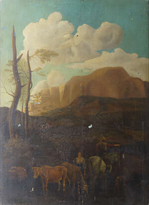 
	
		Spanish School, late 18th/early 19th century- Cattle herders in a mountainous landscape;...